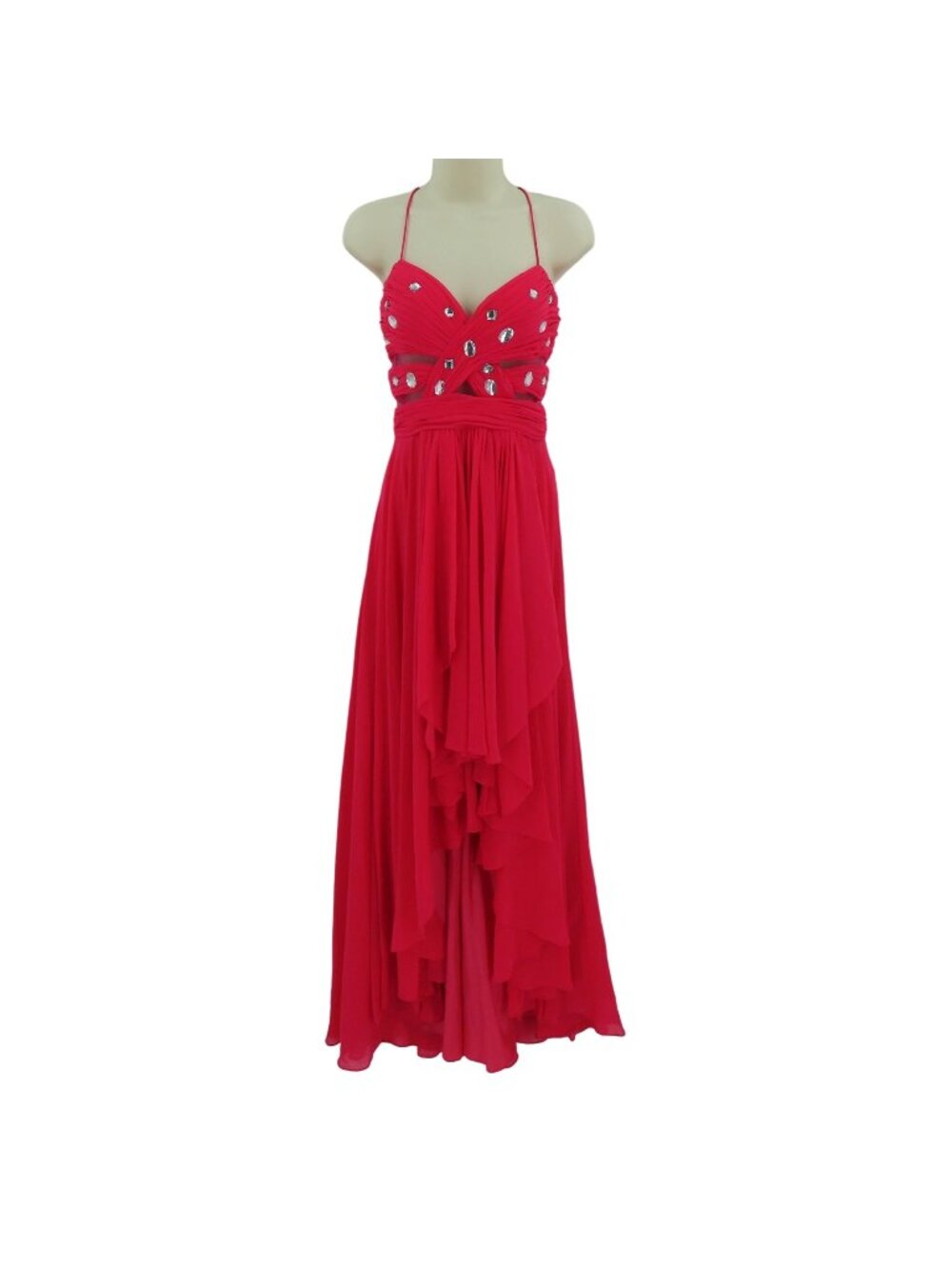 VTG Cache Women 2 Bright Pink Pleated Rhinestone Cutout Mesh Hi Low Dress Formal
